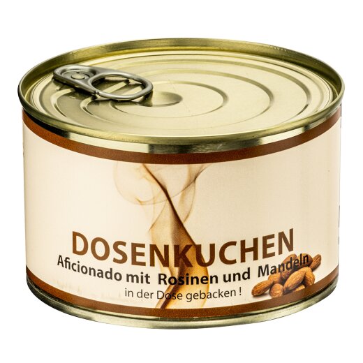 Dosenkuchen Aficionado mit Rosinen und gerösteten Mandeln